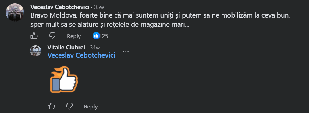 Comentariu pe Facebook de la Veceslav Cebotchevici: Bravo Moldova, foarte bine că mai suntem uniți și putem sa ne mobilizăm la ceva bun, sper mult să se alăture și rețelele de magazine mari... (Răspuns, Vitalie Ciubrei: un autocolant „Like”)